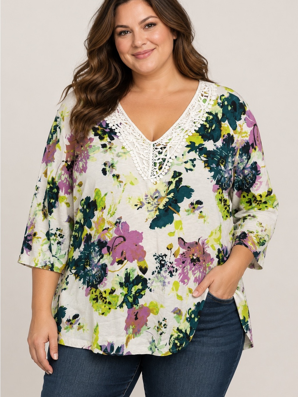 Premise Floral Linen Blend Crochet Trim Top Women’s XXL 2X